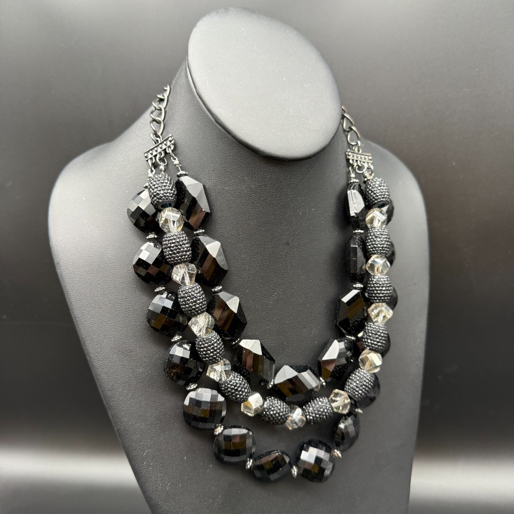 Bold Black Beaded Statement Necklace 2-Strand Fashion Jewelry 18"-22" Adjustable